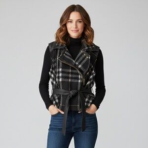 Cabi Heritage Wool Plaid Moto Vest XS Faux Leather Trim Black White Brown 517